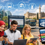 University students using laptops and smartphones while accessing digital campus services