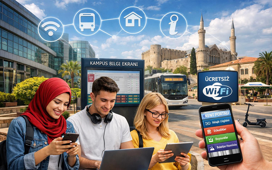 University students using laptops and smartphones while accessing digital campus services