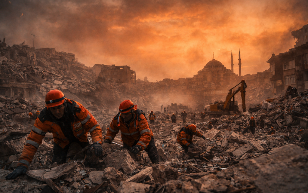 Search and rescue teams working through the rubble after a major earthquake in Turkey.