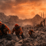 Search and rescue teams working through the rubble after a major earthquake in Turkey.