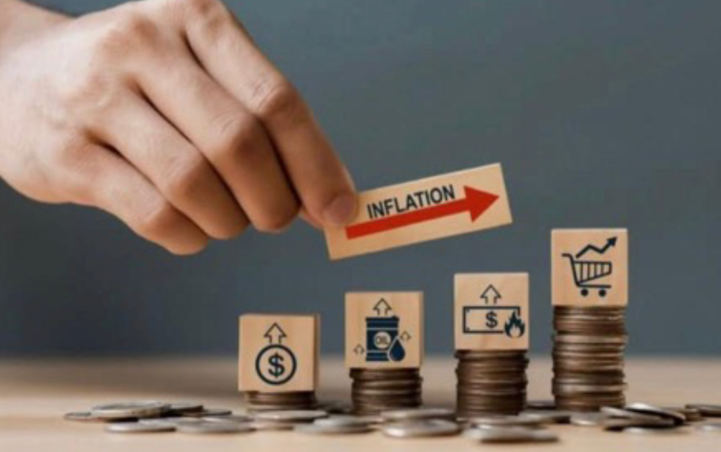 Inflation concept showing rising prices with stacked coins and icons representing living costs