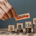 Inflation concept showing rising prices with stacked coins and icons representing living costs