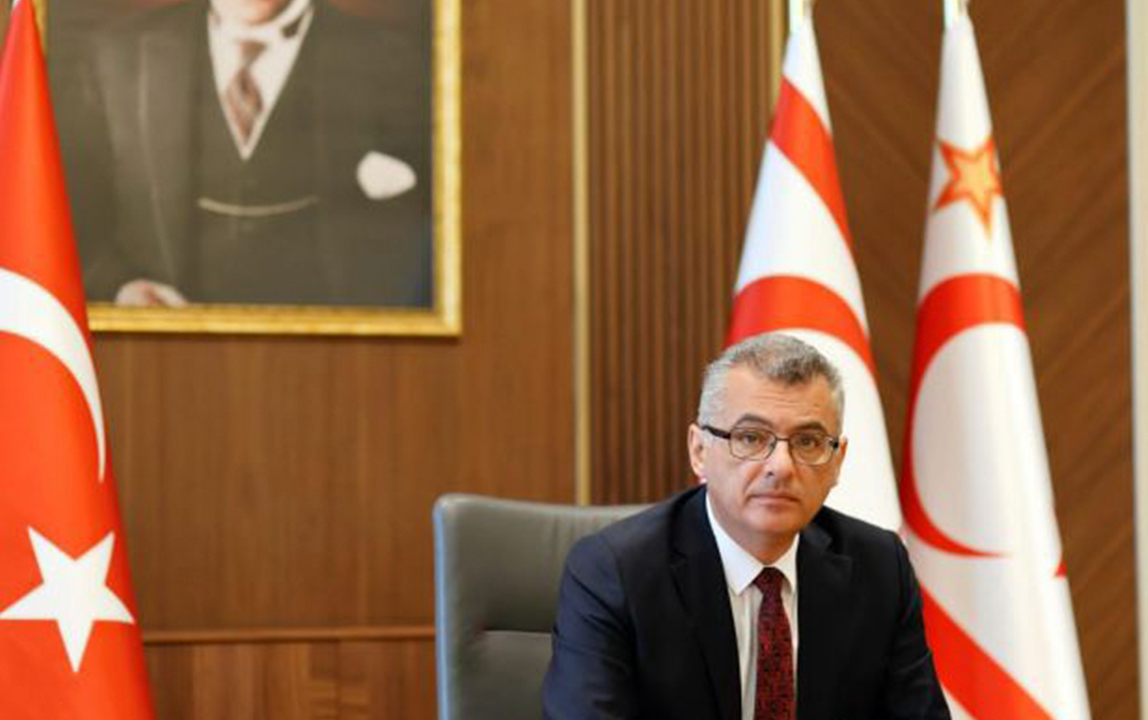 Northern Cyprus President Tufan Erhürman delivering a written statement on the Cyprus issue