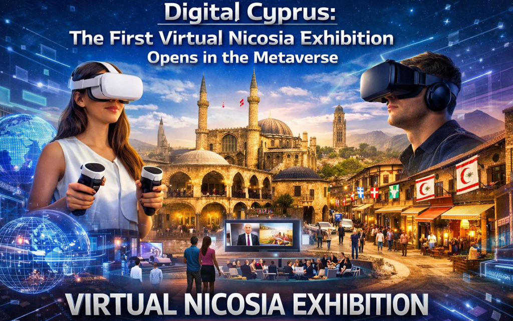 Virtual Nicosia Exhibition in the metaverse showcasing Northern Cyprus cultural landmarks in 3D.
